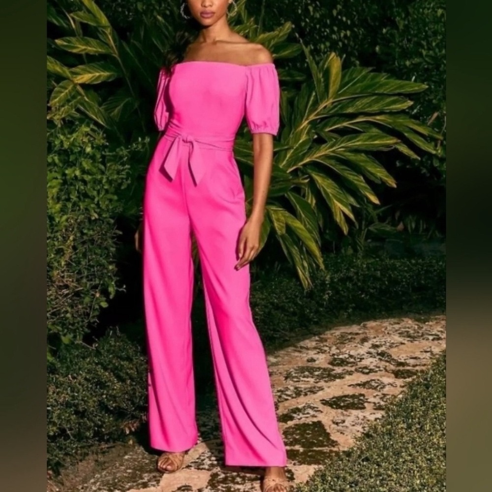 Lilly Pulitzer Jada Jumpsuit 14 Pink Isle Off the Shoulder Wide Leg Belted 14 - Picture 12 of 13